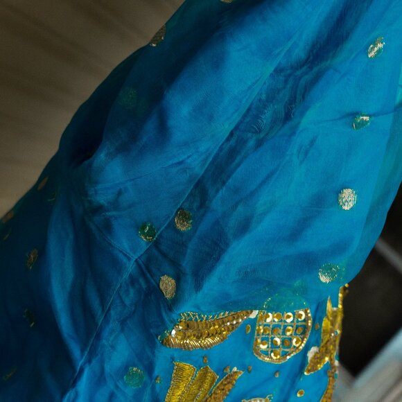 Vintage 80s Silk Beaded Jacket Boho Hippie Blue Highly Embellished Evening Coat - Picture 12 of 16